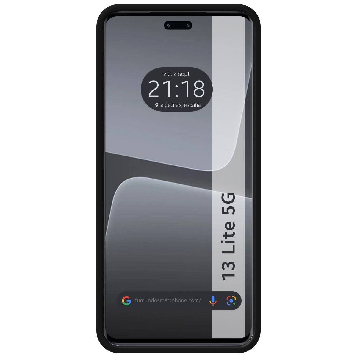 Telefono con cornice nera. Lo schermo mostra ora e posizione con sfondo grigio.
