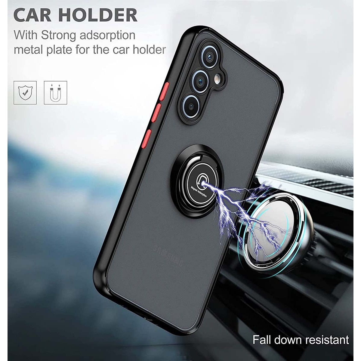 Supporto per auto con telefono, piastra magnetica potente. La custodia del telefono è sul telefono, con dettagli rossi.