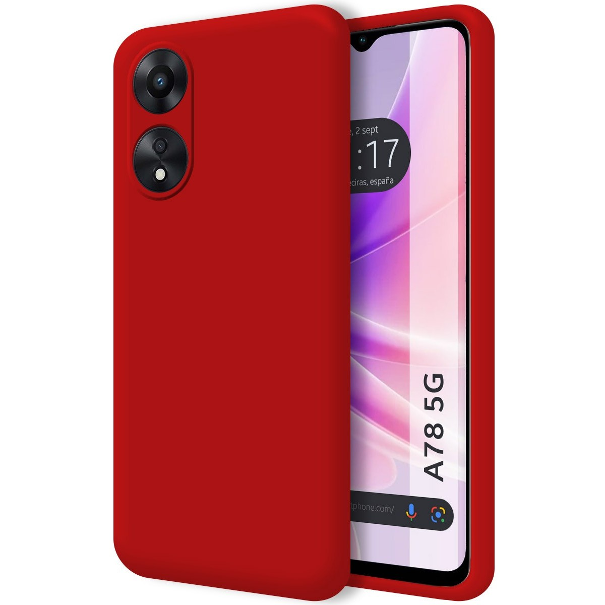 Custodia per telefono rossa. Lo schermo del telefono mostra uno sfondo bianco e rosso.
