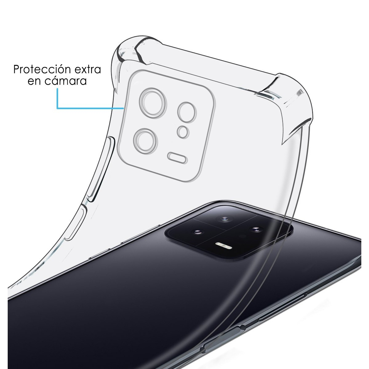 Funda transparente para teléfono sobre un teléfono negro. Tiene un recorte para la cámara y un texto que dice: Protección extra para la cámara.