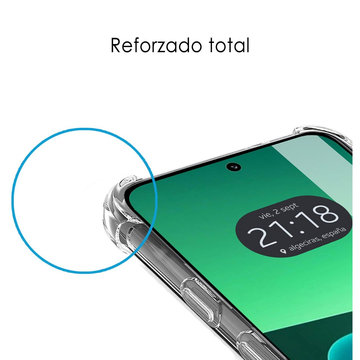 Primer plano de una funda de teléfono, mostrando una funda transparente con las palabras 'Reforzado total'.