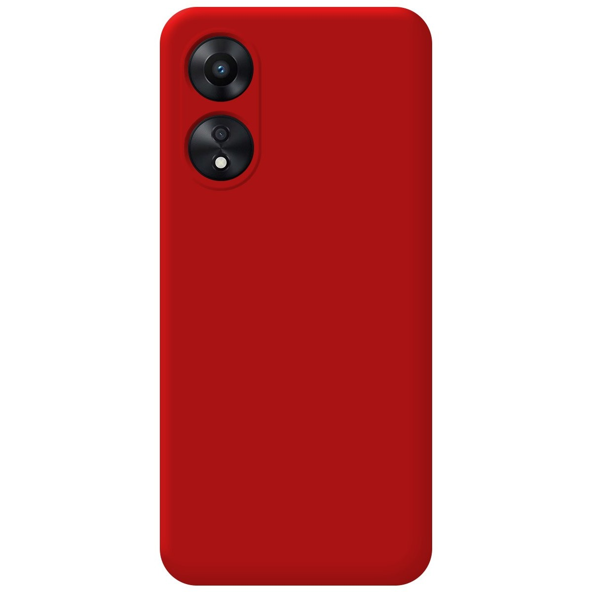 Custodia per telefono rossa con obiettivi della fotocamera. La custodia è rossa piena e ha una superficie liscia.