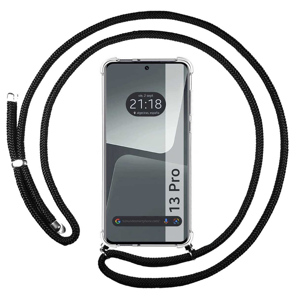 Custodia per telefono nera con un cordino nero, che mostra un telefono con testo sullo schermo: ora, data, posizione.