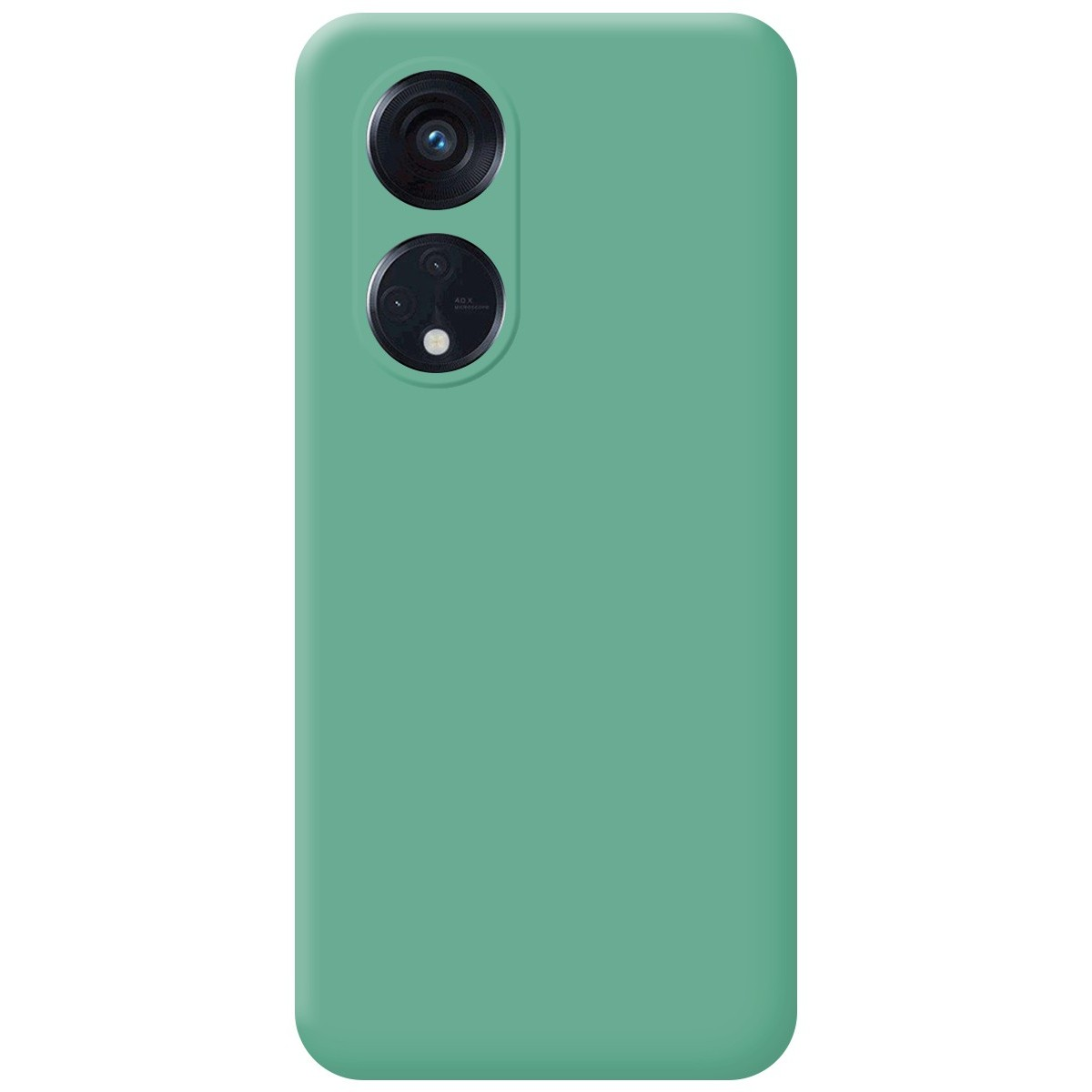 Custodia per telefono verde unita con fotocamera. La custodia è verde tinta unita, che copre il telefono.