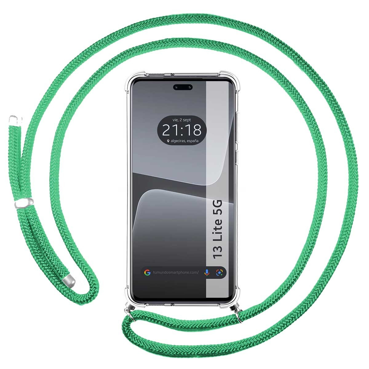 Un telefono con un cordino verde attorno. Il telefono mostra l'ora e la posizione sullo schermo.