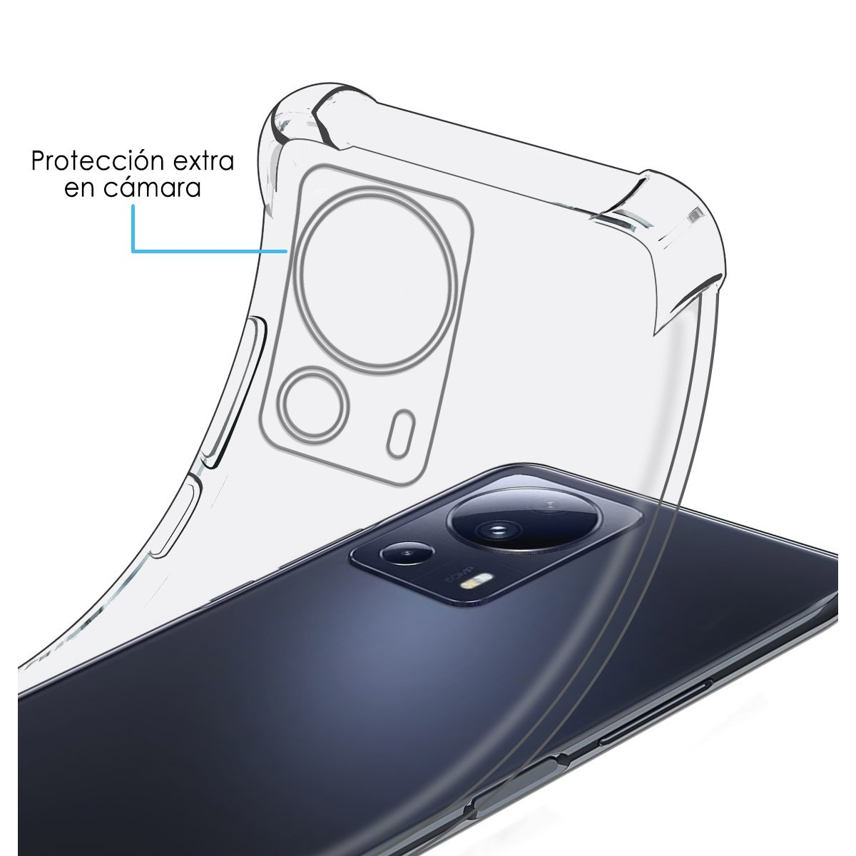 Un telefono in una custodia trasparente. La custodia ha una protezione extra intorno alla fotocamera.