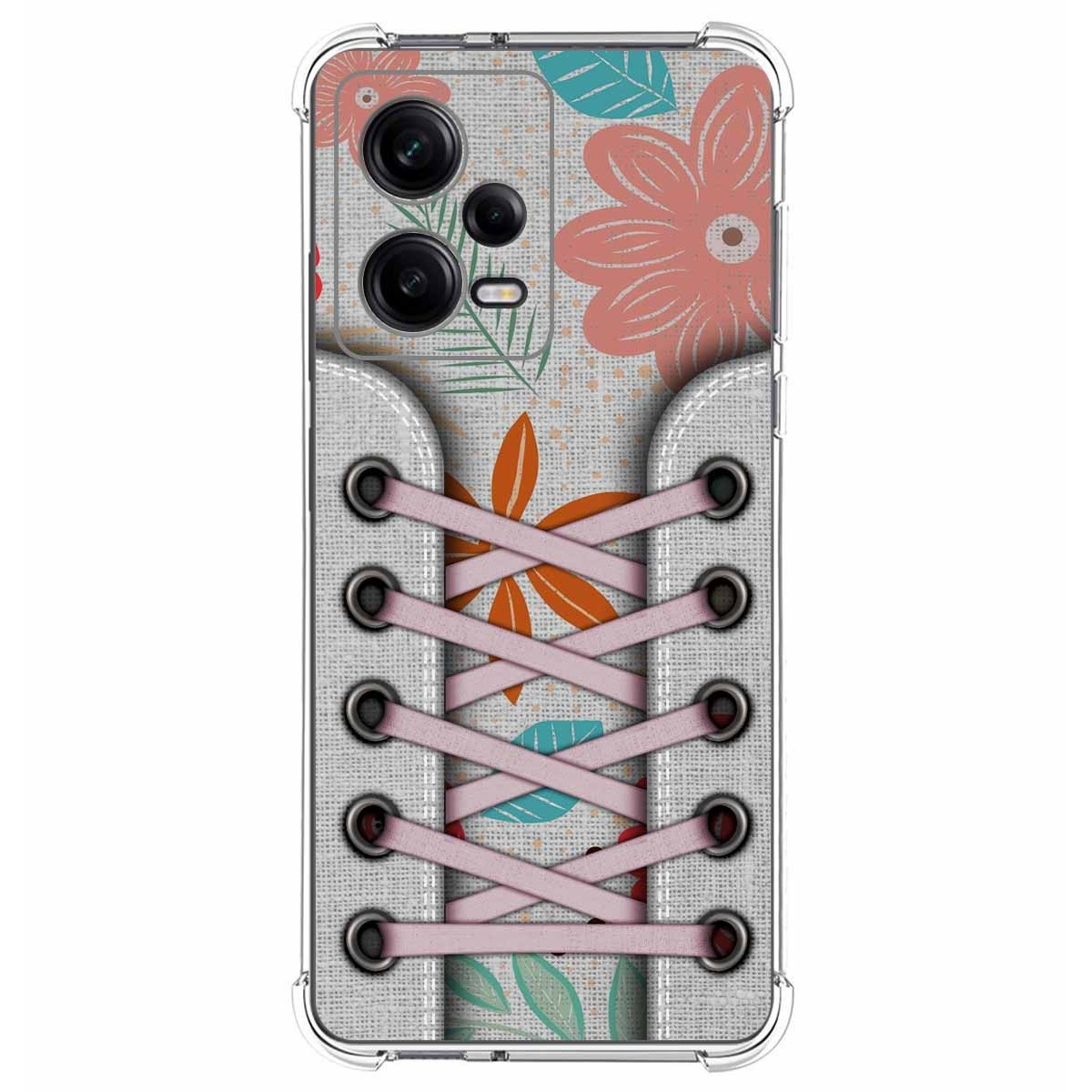 Funda de teléfono con diseño de cordones y elementos florales.