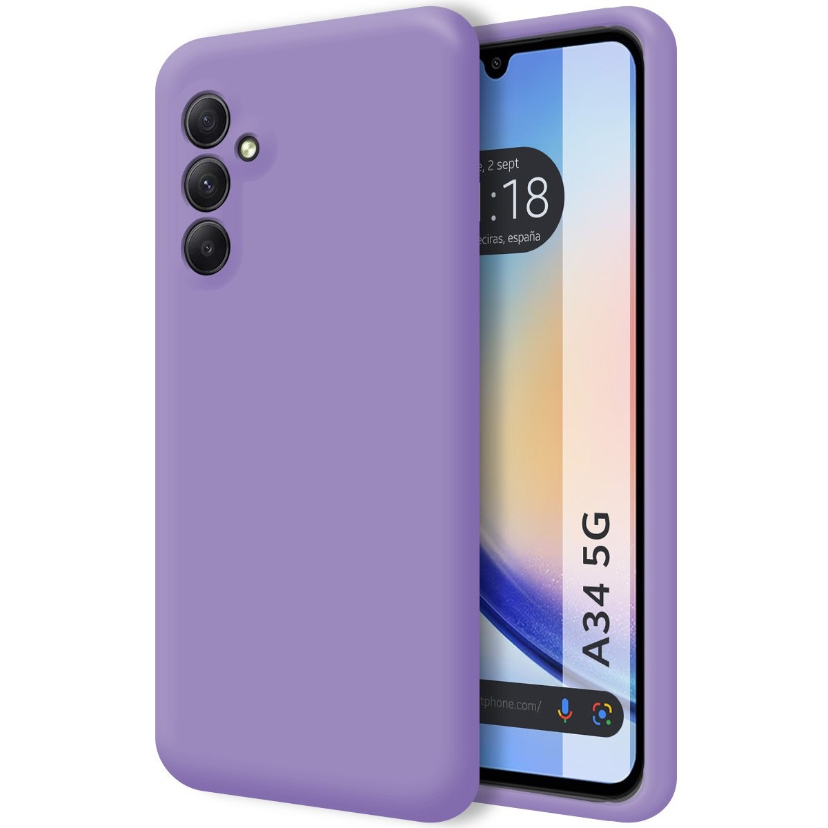 Funda morada; el teléfono muestra la hora y la fecha.