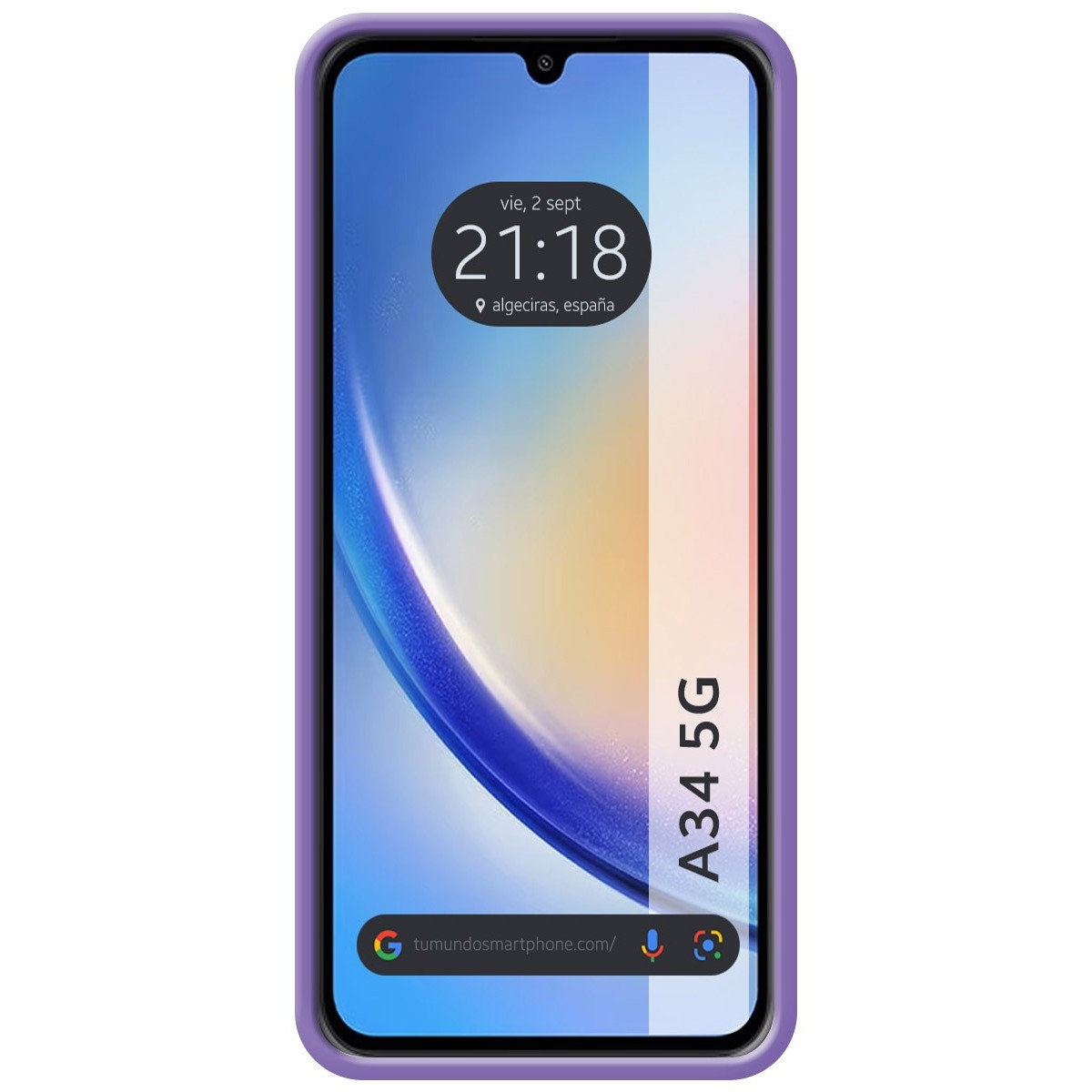 Funda: teléfono con marco morado. Pantalla muestra hora, fecha. Texto A34 5G.