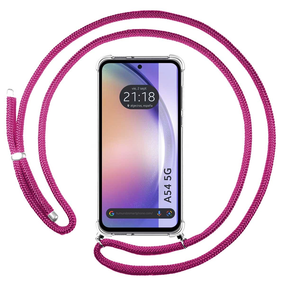 Cinturino rosa per telefono con un telefono. Lo schermo del telefono mostra l'ora e la data.