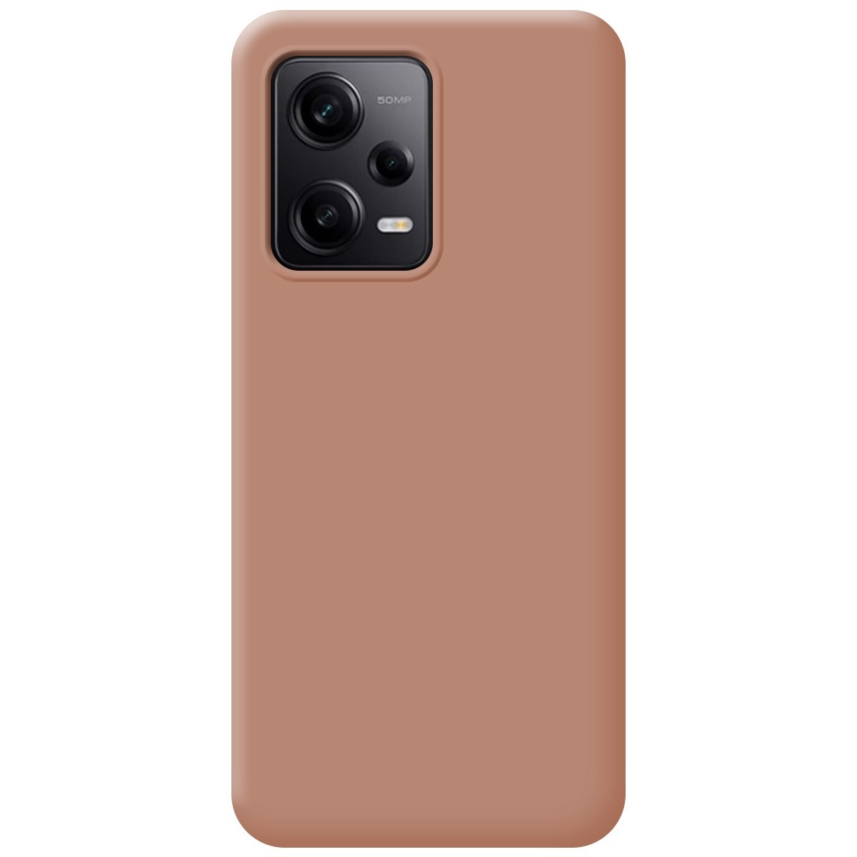 Funda de teléfono marrón, con la cámara del teléfono en la esquina superior izquierda.