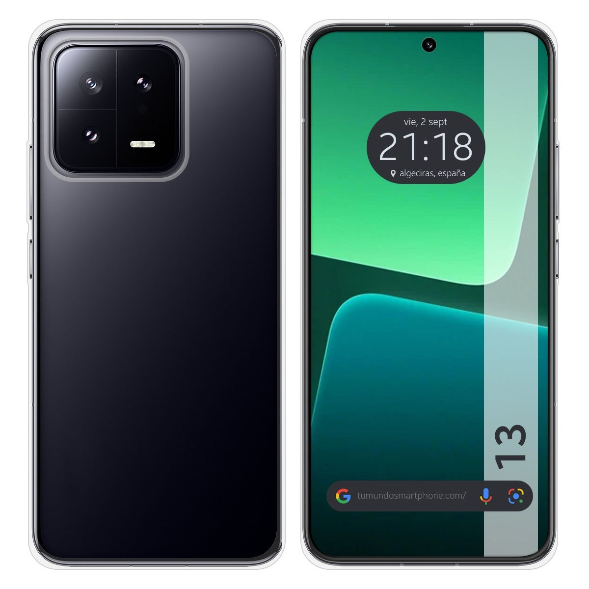 Custodia per telefono con retro nero. Lo schermo del telefono mostra ora, data e posizione, con sfumatura verde.