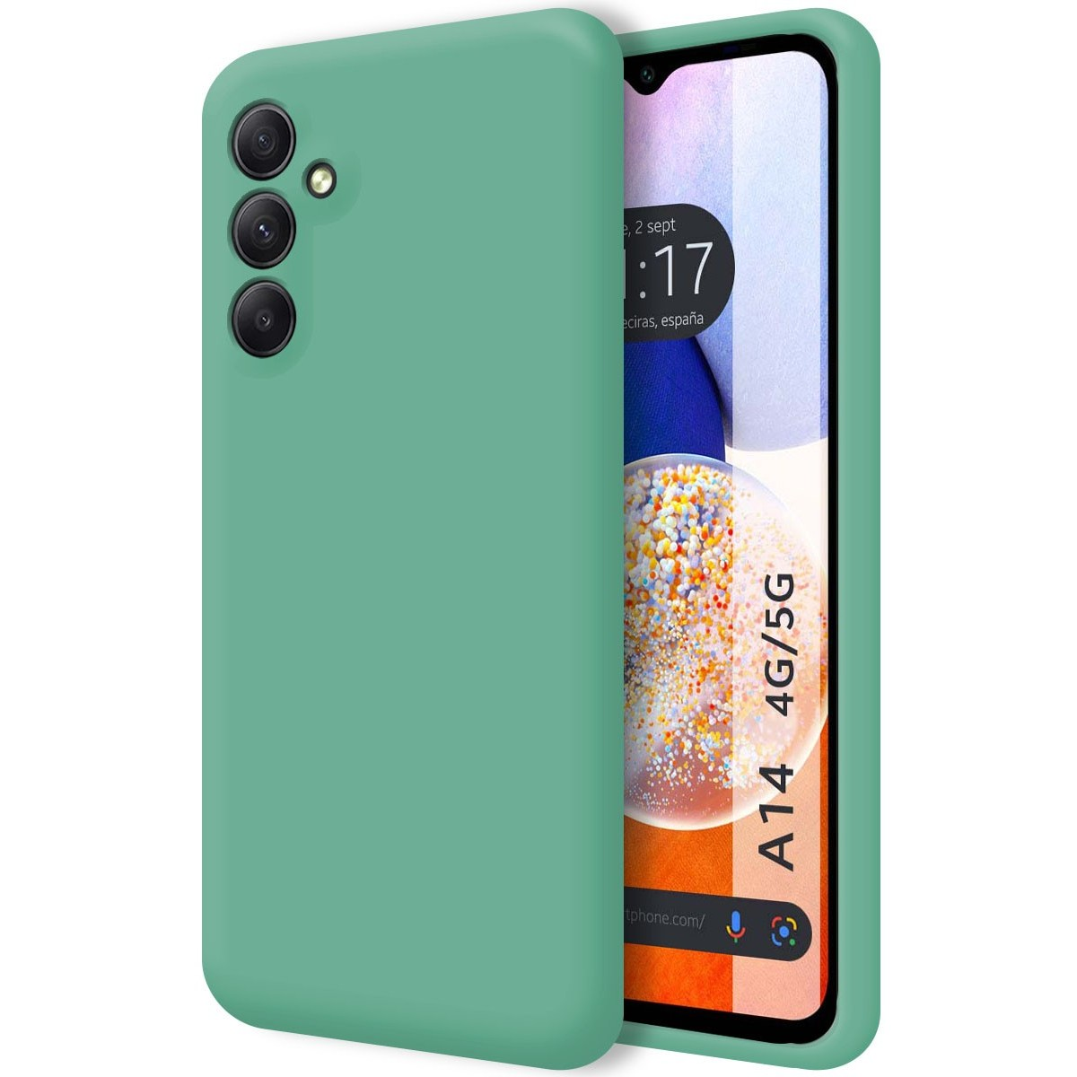 Telefono verde. Lo schermo del telefono mostra la data, l'ora e la posizione.