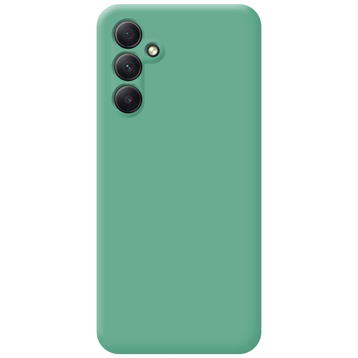 Custodia per telefono verde con tre obiettivi della fotocamera. Un telefono è mostrato sulla custodia.