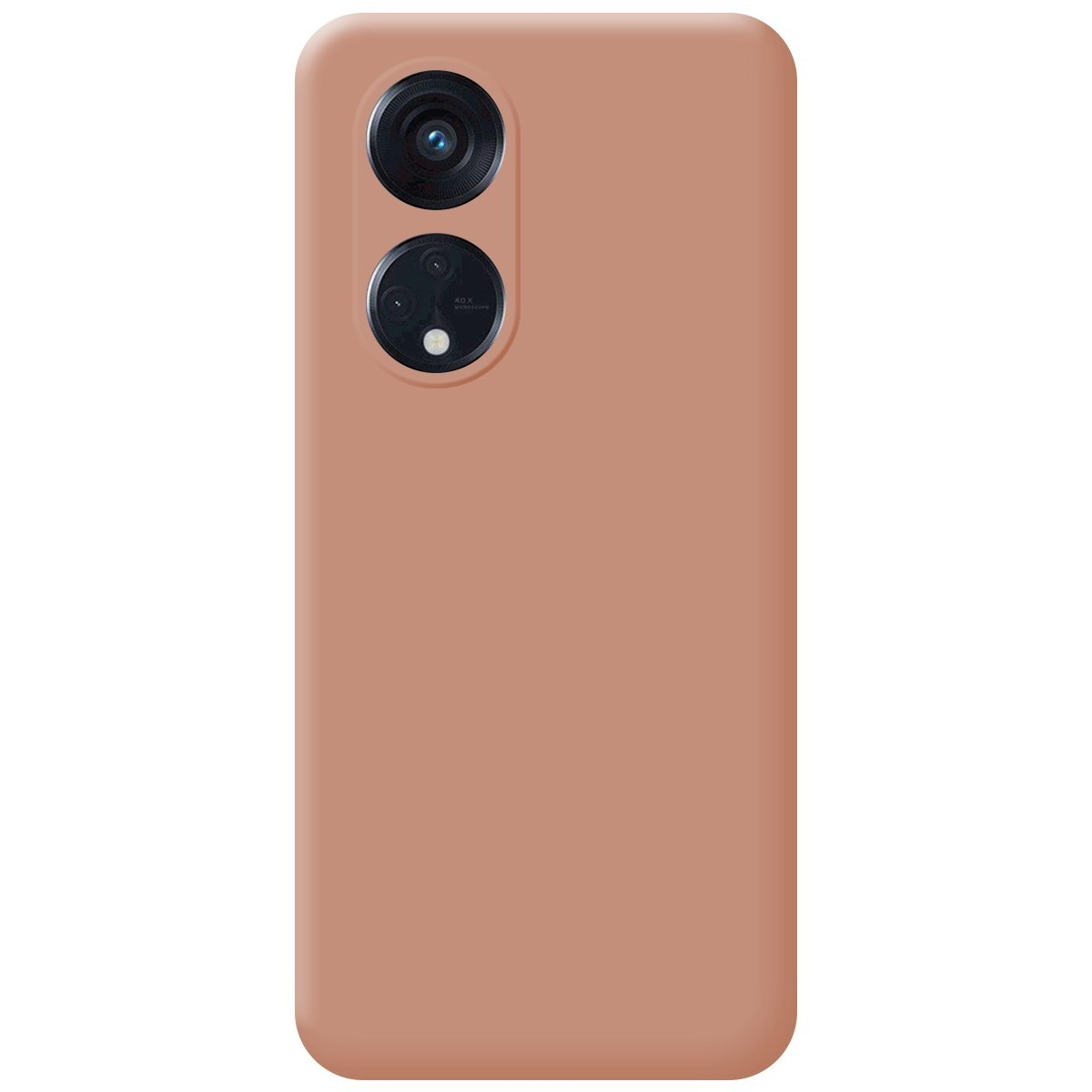 Una custodia per telefono di colore marrone chiaro uniforme. Il telefono ha due fotocamere.