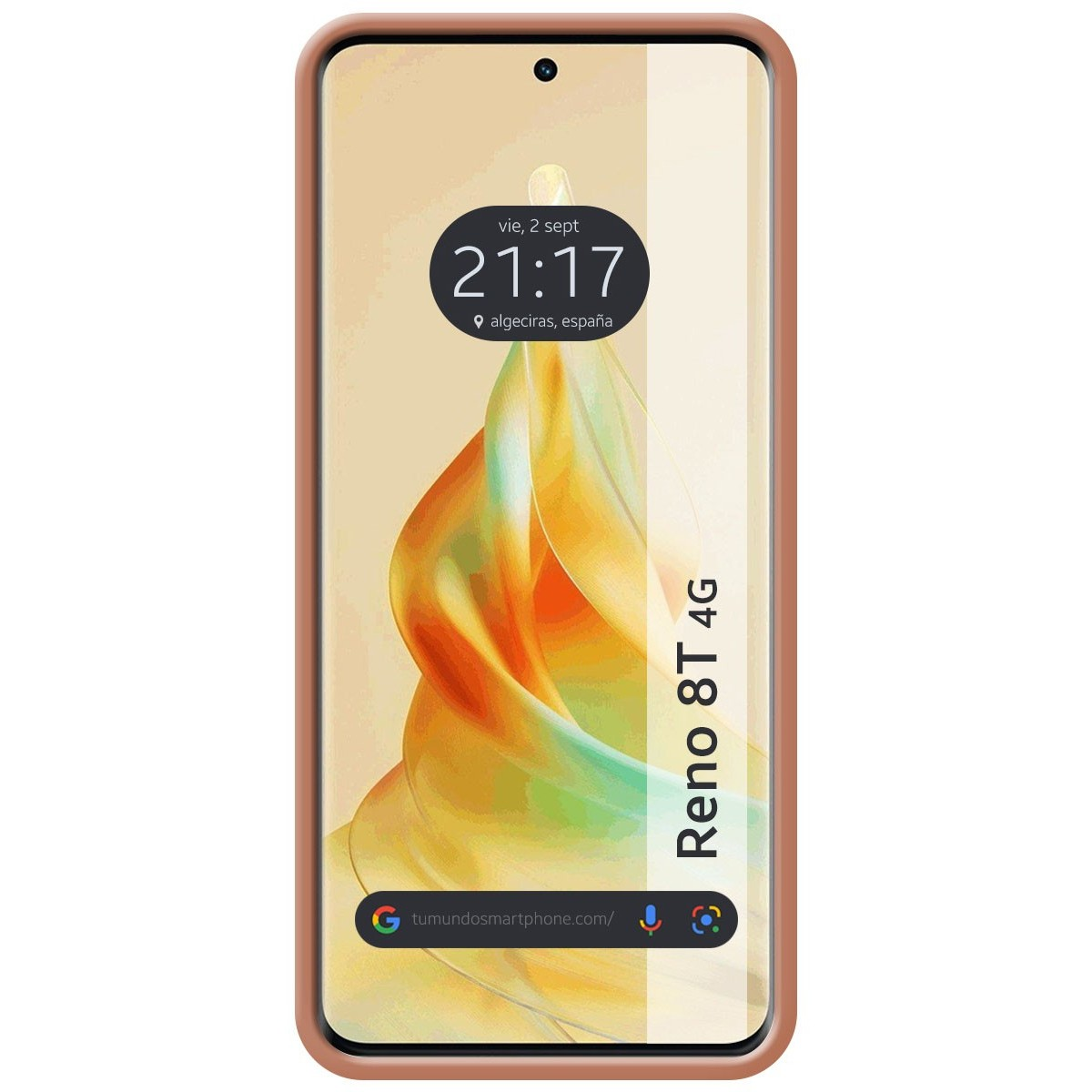Custodia rosa per telefono, copre un telefono. Il telefono mostra l'ora. La custodia ha una fotocamera.