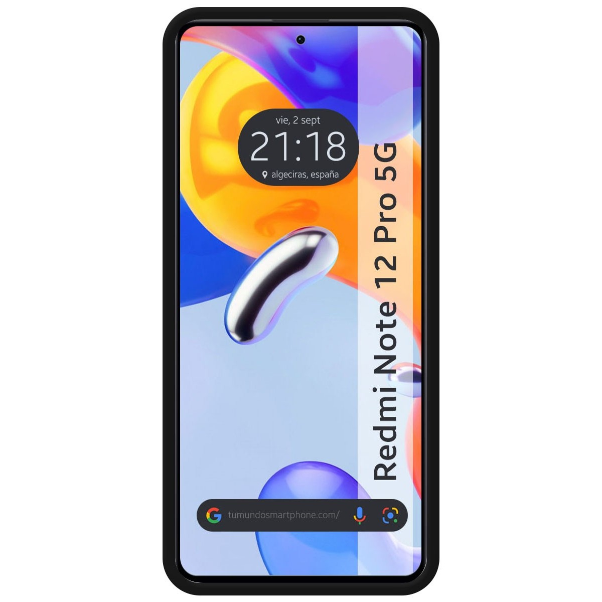 Telefono con schermo che mostra un design astratto. Lo schermo mostra ora e data.