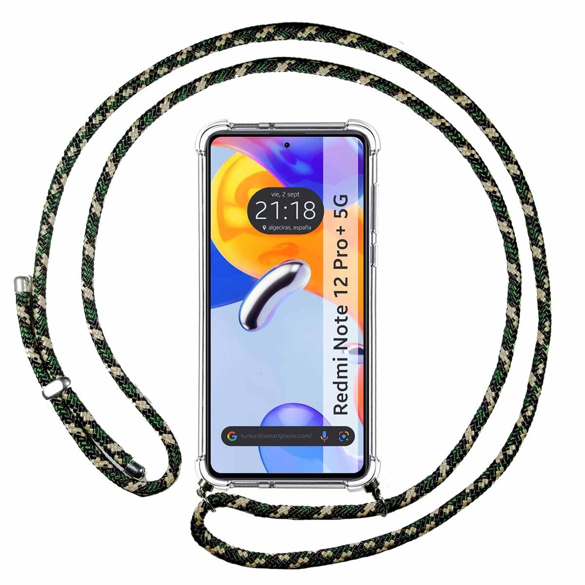Smartphone con cordino verde e nero. Schermo mostra ora e posizione.