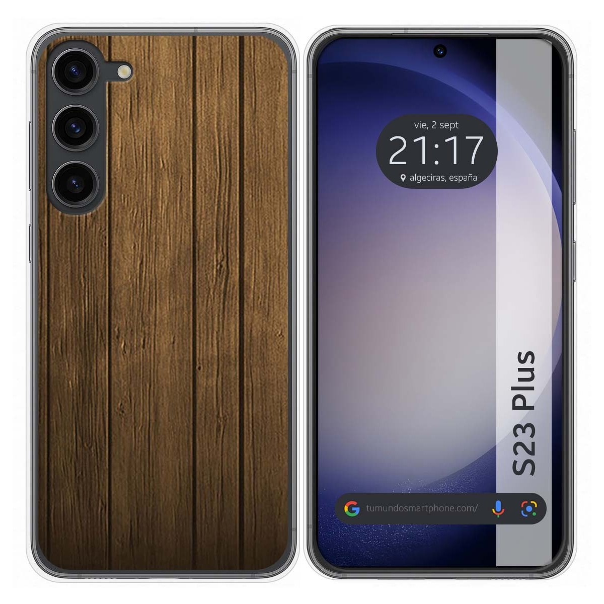 Funda de teléfono con un patrón de vetas de madera. El teléfono muestra la hora y fecha. La funda cubre el teléfono.