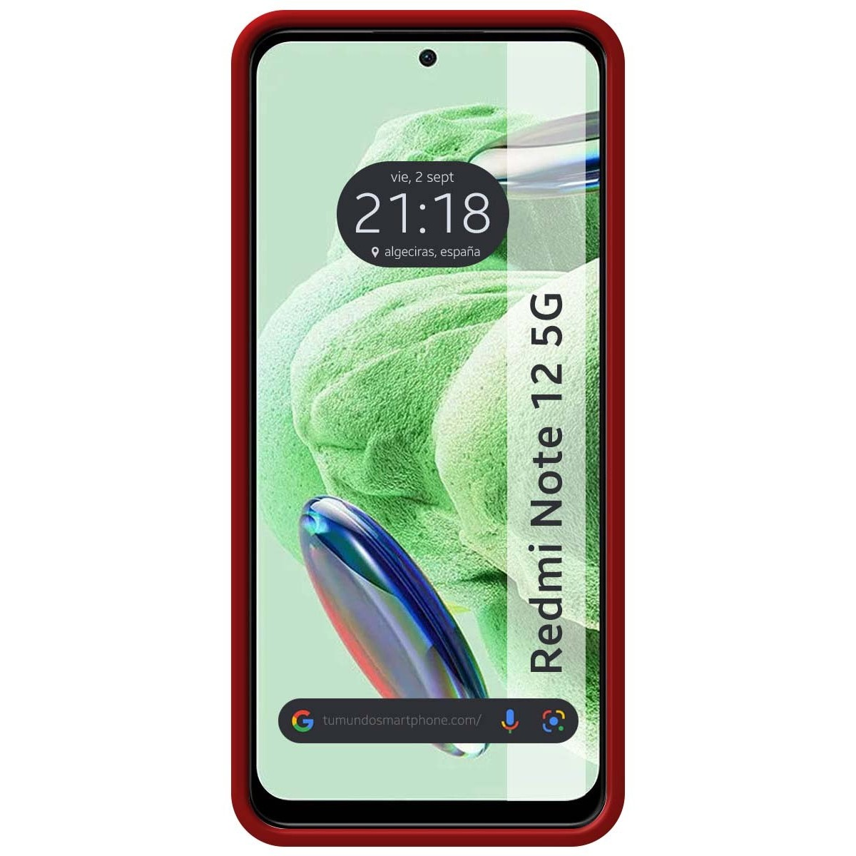 Schermo del telefono che mostra l'ora, con un telefono con cornice rossa.