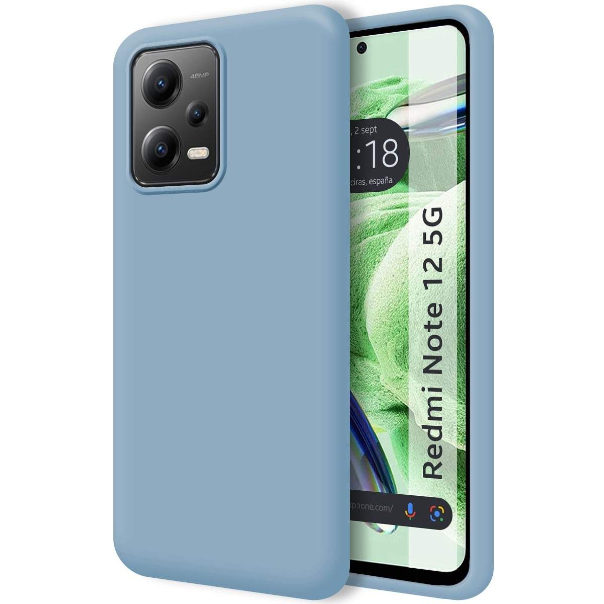 Custodia blu per telefono. Lo schermo mostra testo e immagine astratta.