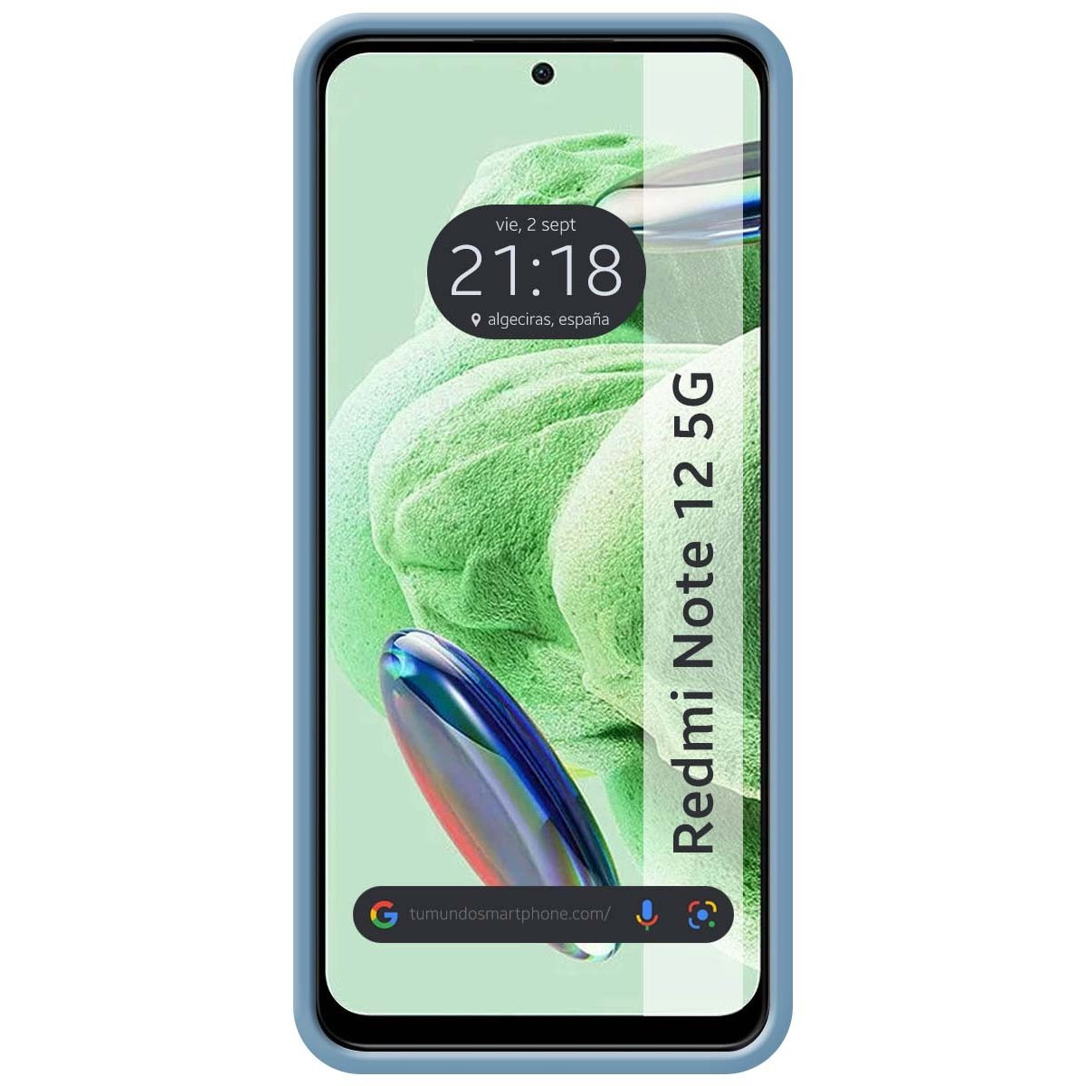 Custodia blu con schermo che mostra ora e luogo. Il telefono ha un display verde.