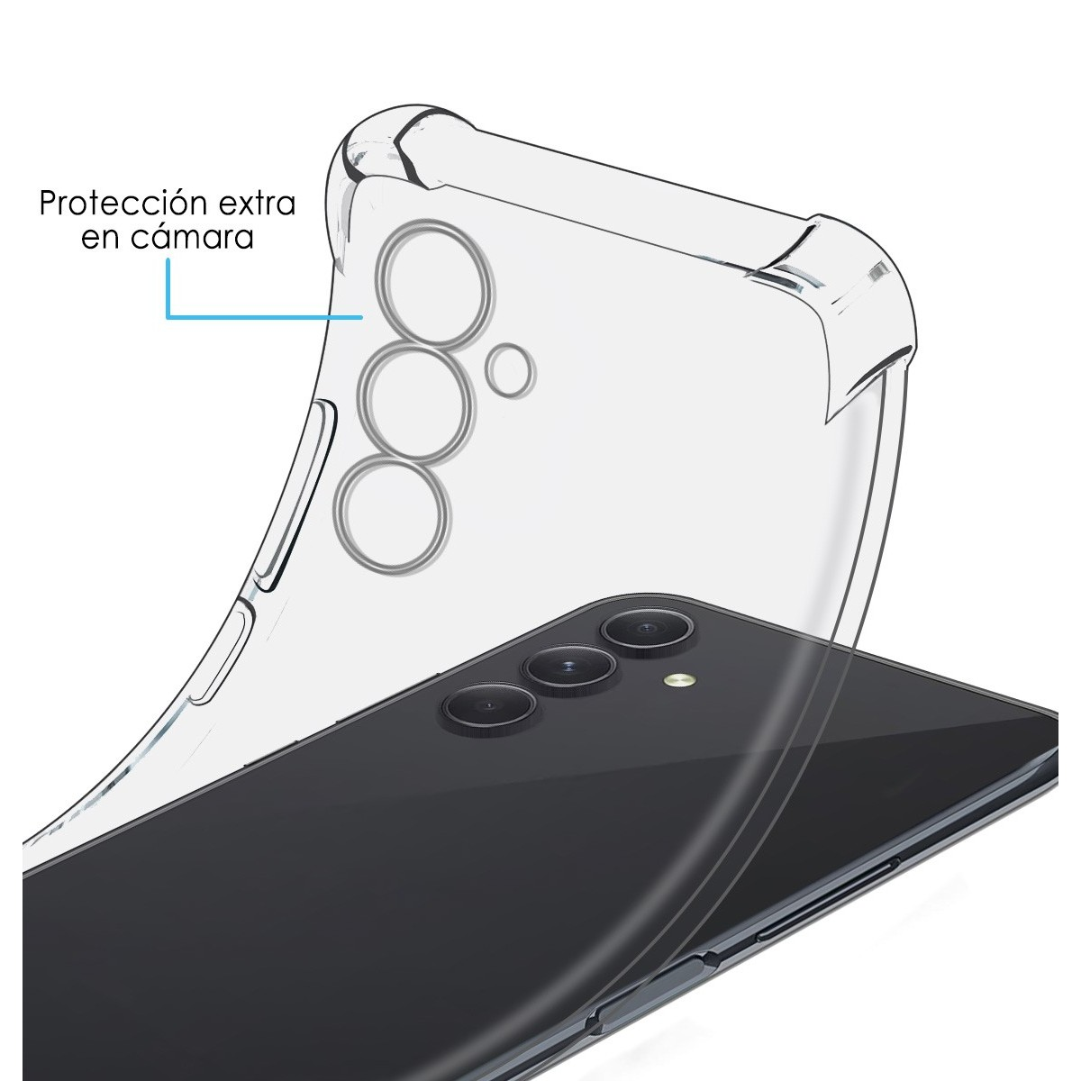Custodia per telefono con protezione extra per la fotocamera. La custodia è trasparente e il telefono è nero.
