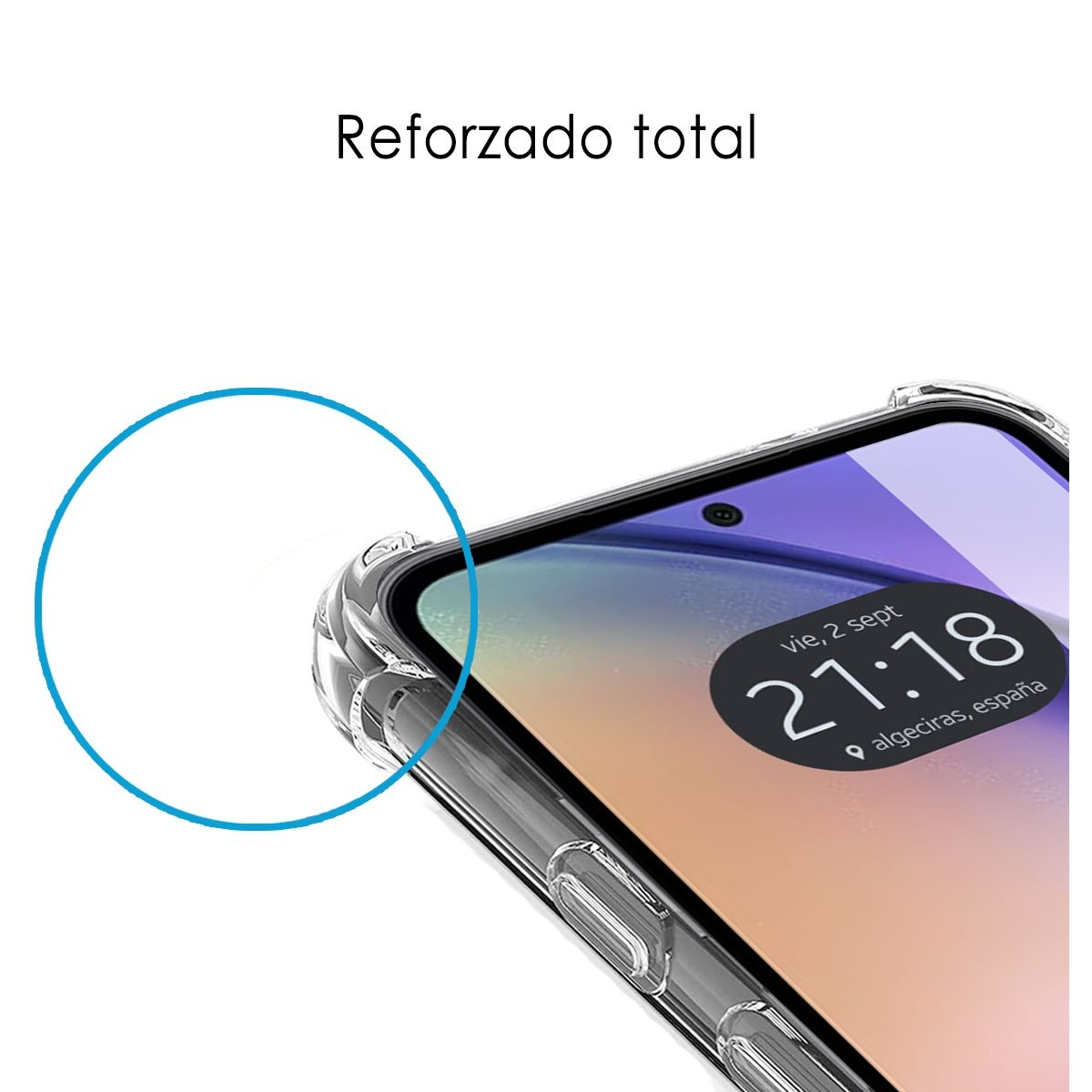 Telefono con custodia trasparente, vista ravvicinata. Testo 'Reforzado total'.