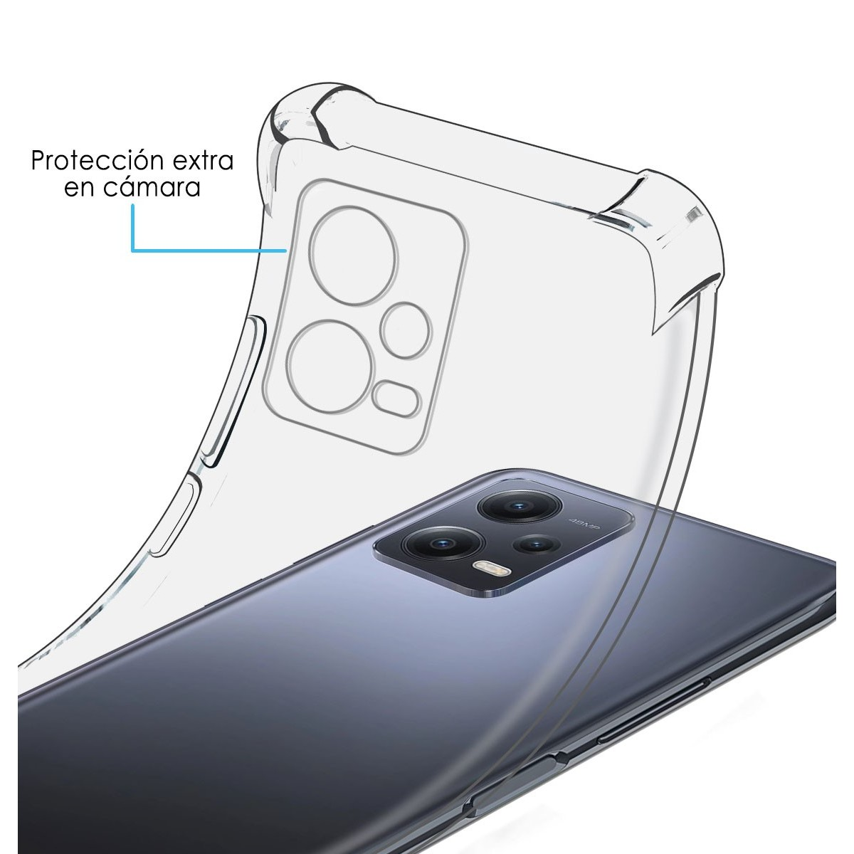 Custodia trasparente sulla parte posteriore del telefono. C'è scritto 'Protección extra en cámara'.
