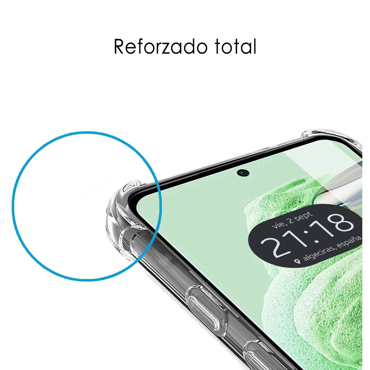 Primo piano di una custodia trasparente con testo 'Reforzado total'.