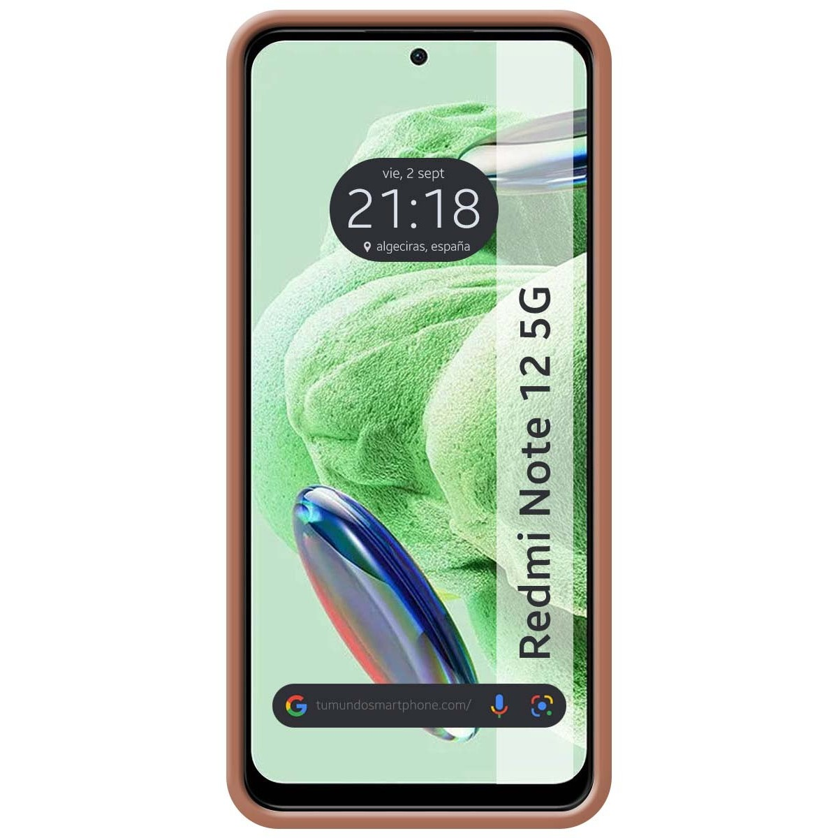 Telefono che mostra l'ora e il luogo. La custodia è marrone e il telefono ha uno sfondo verde con un design a onde.