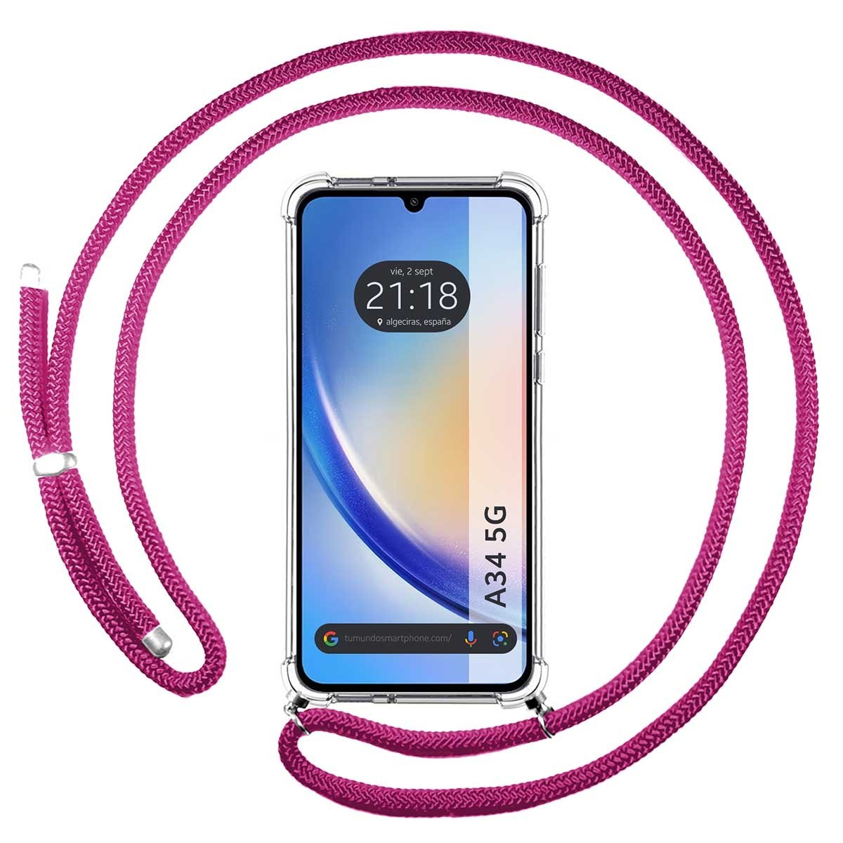 Un telefono con una corda rosa attaccata alla custodia del telefono accanto a un telefono che mostra l'ora e il modello A34 5G.