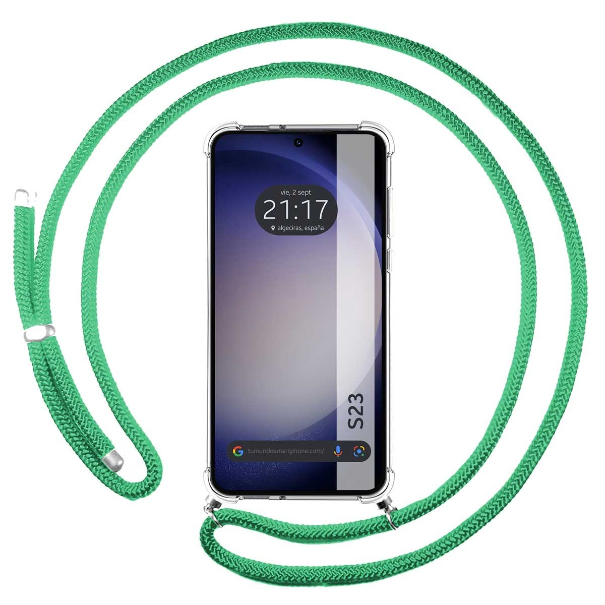 Custodia verde con una corda verde. Il telefono mostra ora e luogo. Etichetta S23 visibile.