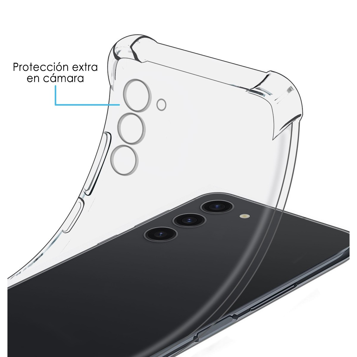Custodia trasparente su un telefono nero. Protegge la fotocamera e ha un'etichetta in spagnolo.
