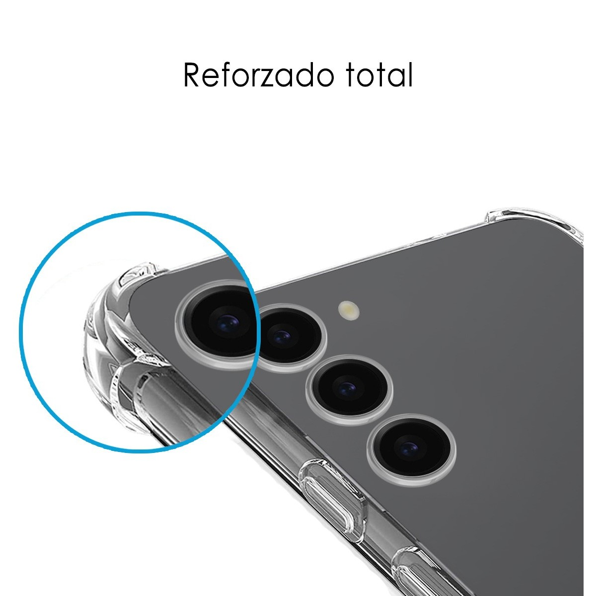 Primo piano di una custodia per telefono, che evidenzia l'area dell'obiettivo della fotocamera. La custodia è trasparente.