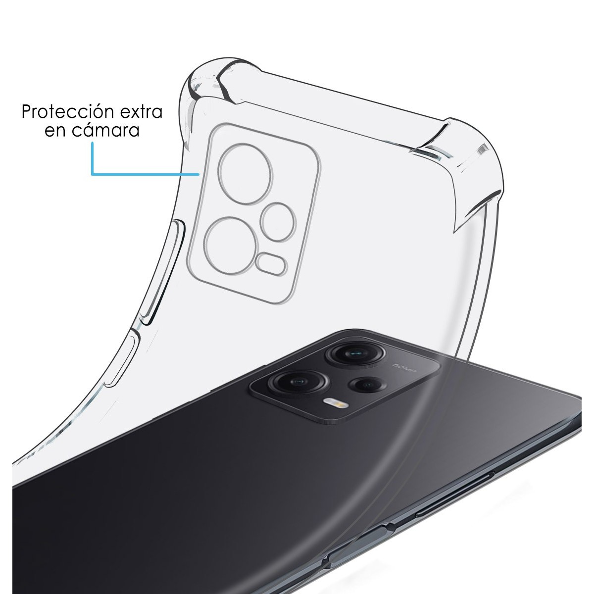 Custodia con parte trasparente e telefono all'interno, con testo 'Protección extra en cámara'.