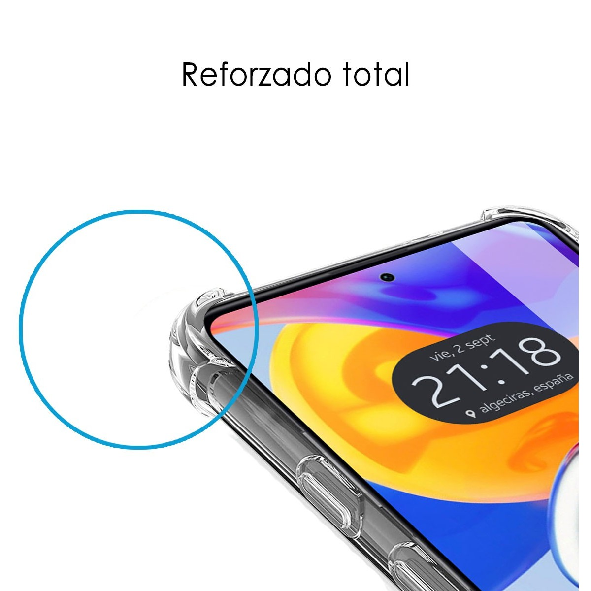 Dettaglio della custodia del telefono con testo. Schermo del telefono mostra ora e luogo.