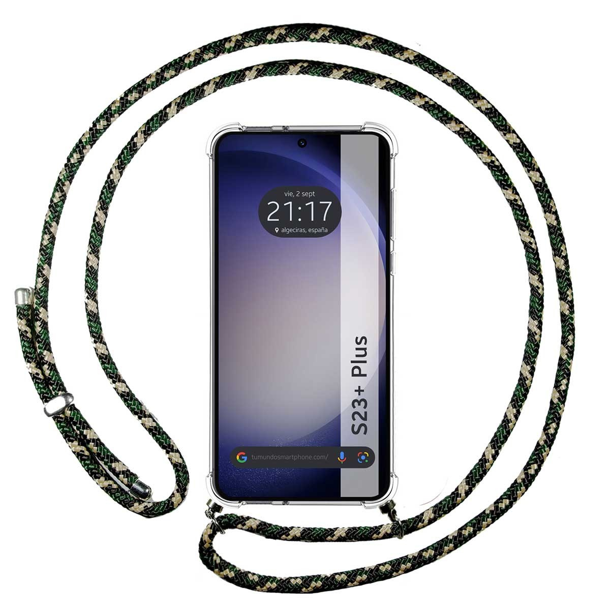 Un telefono con un cordino mimetico, è visibile lo schermo del telefono. Motivo mimetico.