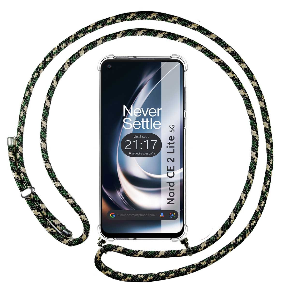 Telefono con cinturino mimetico verde. Il telefono visualizza l'ora e la posizione. Custodia trasparente.
