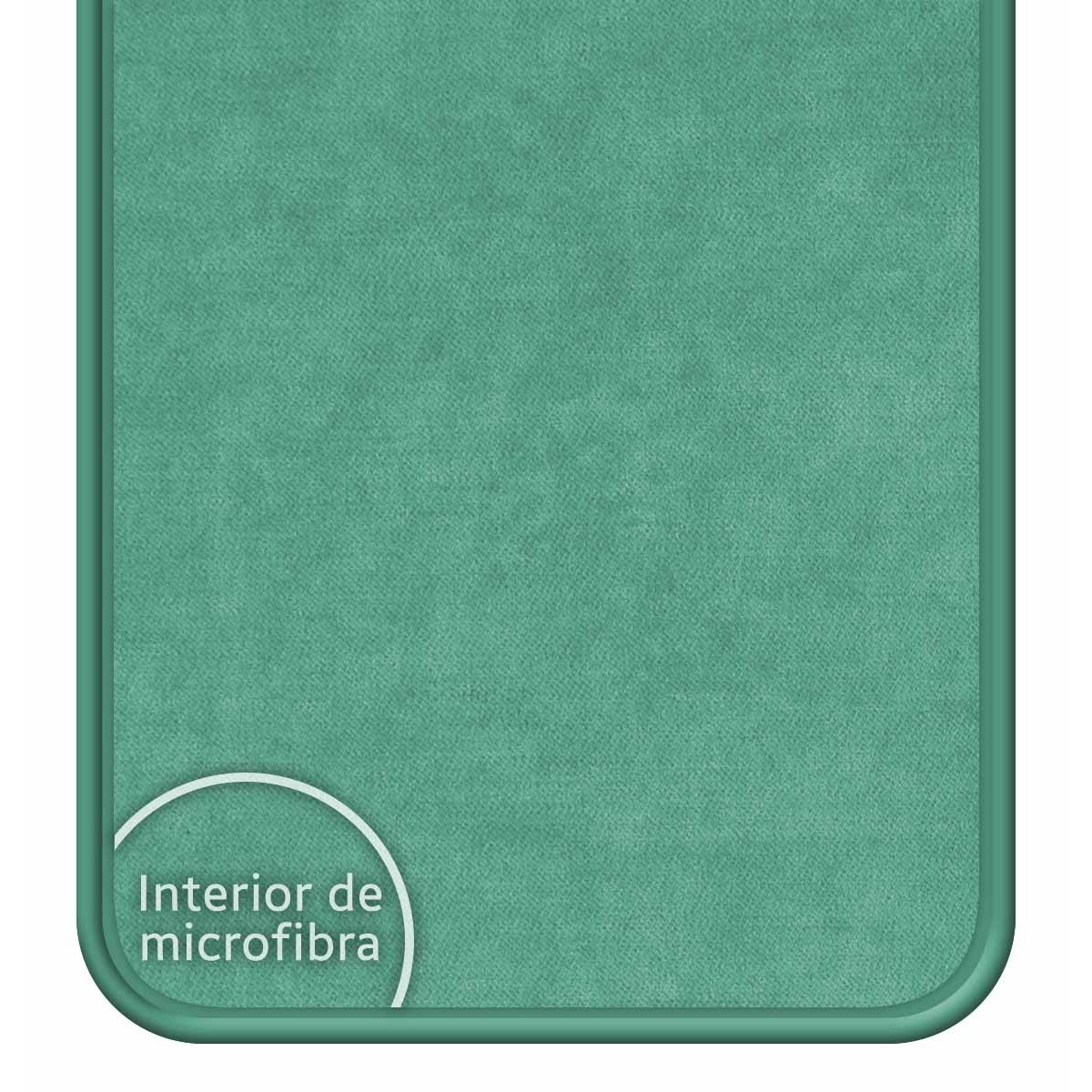 Primer plano de un paño de microfibra verde, con una etiqueta que dice 'Interior de microfibra'.