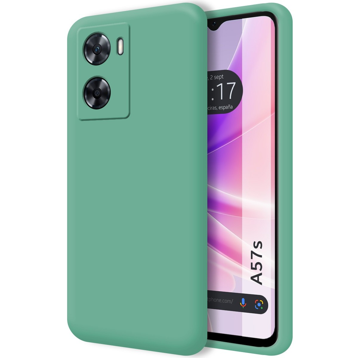 Custodia per telefono verde. Il telefono è acceso, mostrando l'ora e la data. La custodia corrisponde al telefono.