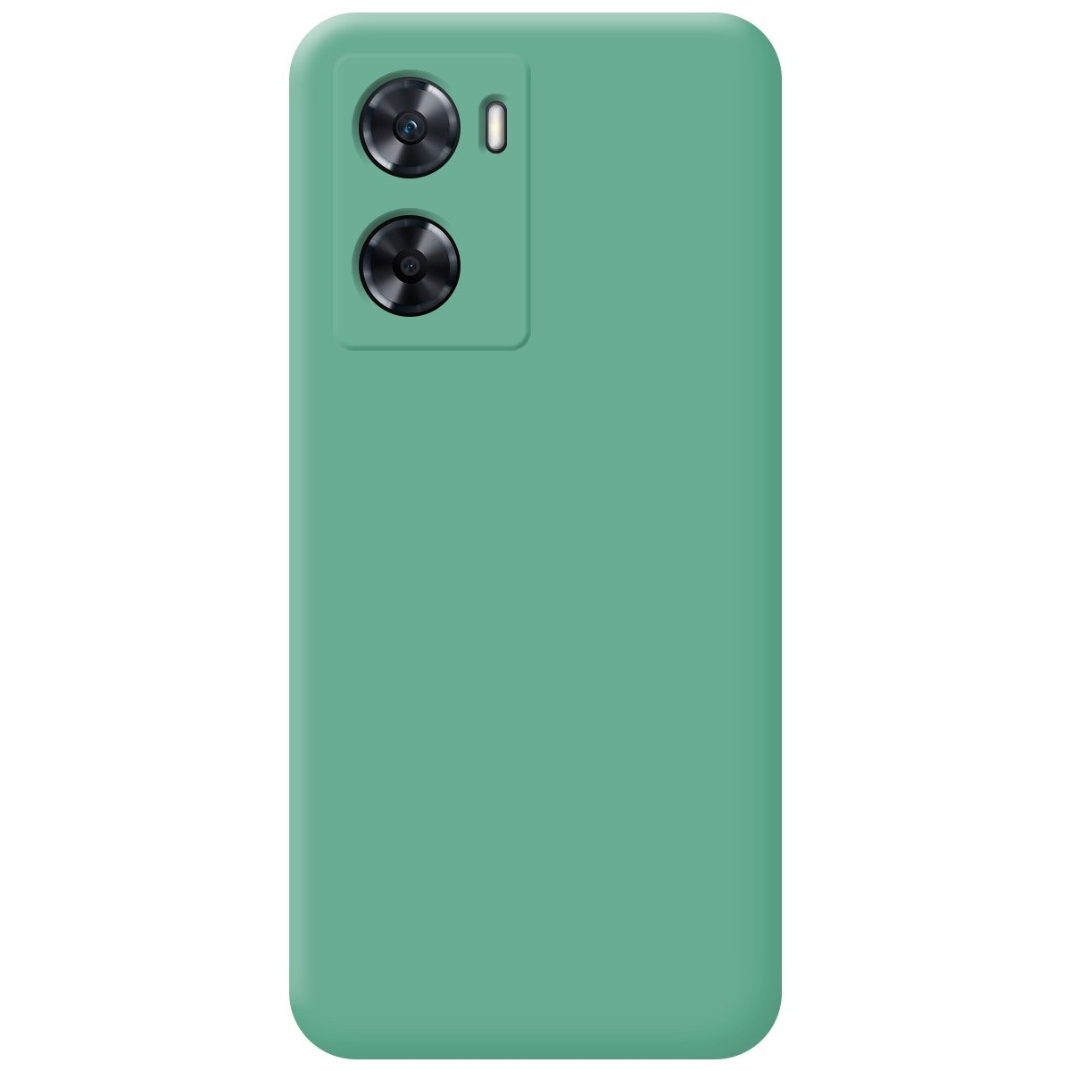 Una custodia per telefono verde con due obiettivi della fotocamera nella parte superiore.