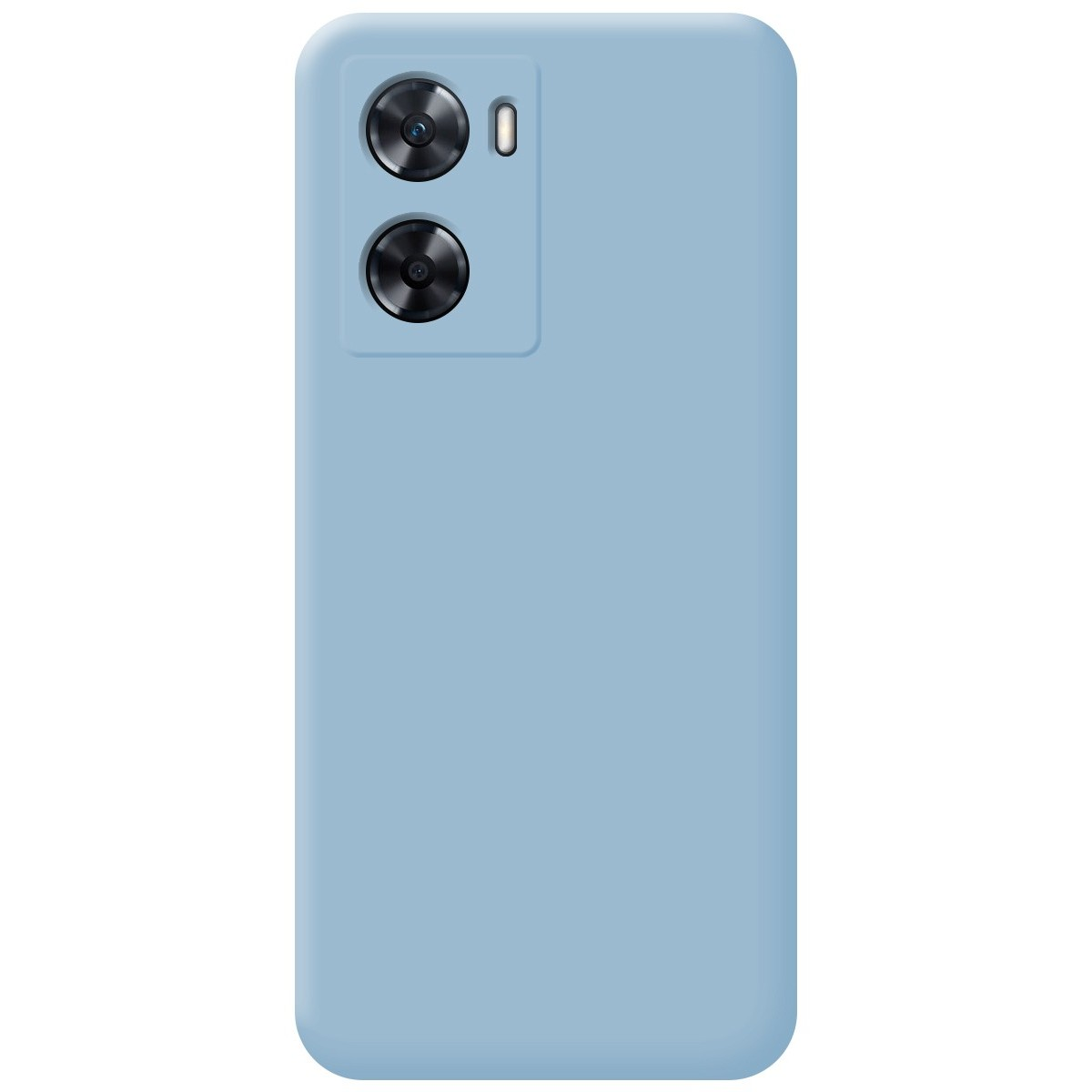 Custodia azzurra con doppia fotocamera e piccolo rialzo.