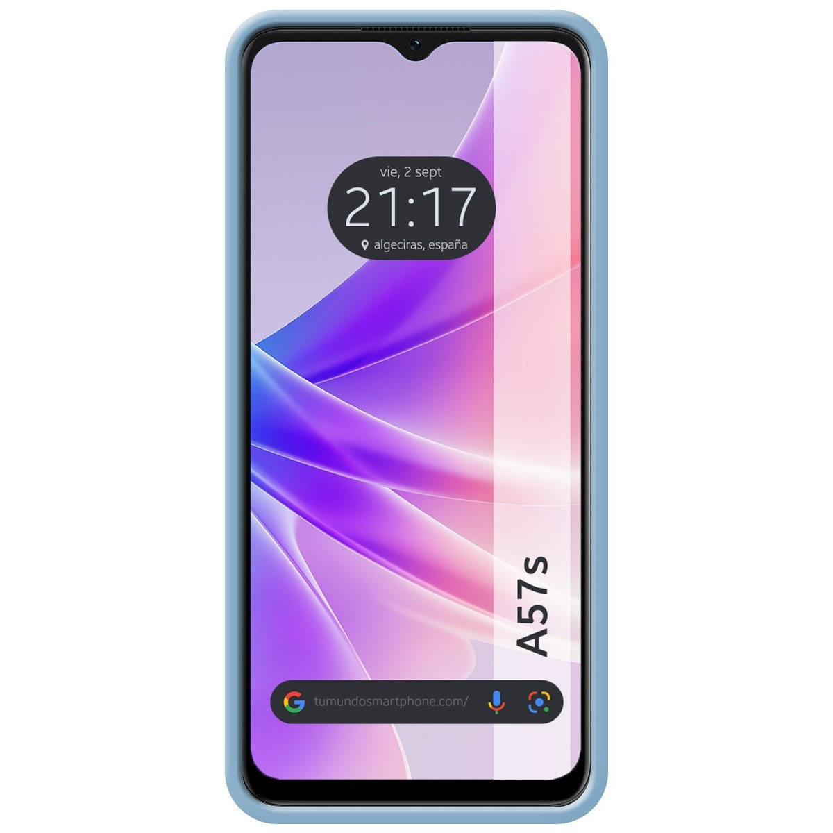 Telefono con custodia blu che mostra ora, data e posizione sullo schermo.