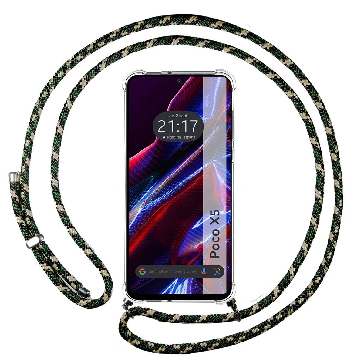 Telefono con cinturino verde e nero. Mostra l'ora e Poco X5.