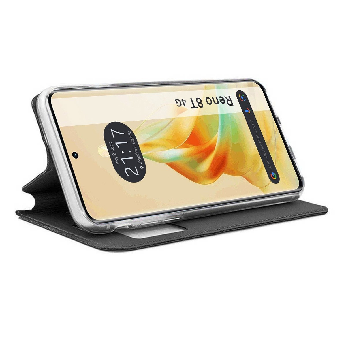 Telefono con custodia trasparente in una custodia a libro, che mostra l'ora. Il telefono è un Reno 8T 4G.