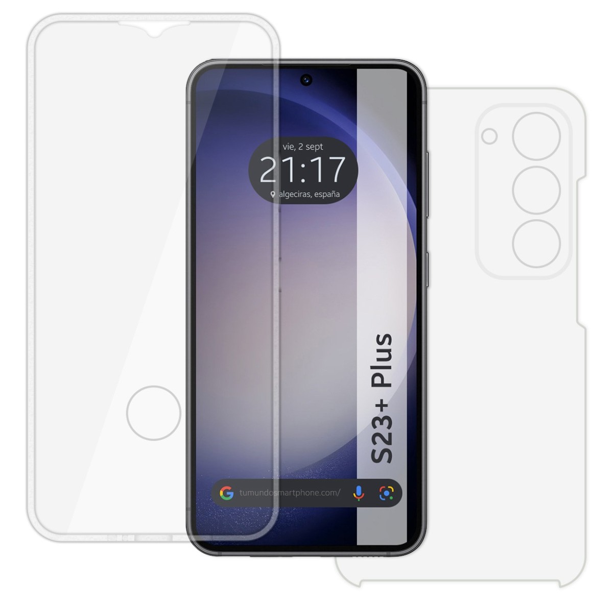 Telefono con protezione schermo e schermo acceso. Lo schermo mostra l'ora, la data e il luogo.