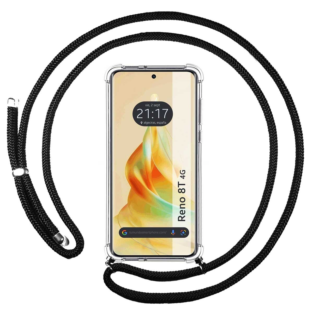 Telefono con cordino nero. Il telefono mostra ora e luogo.