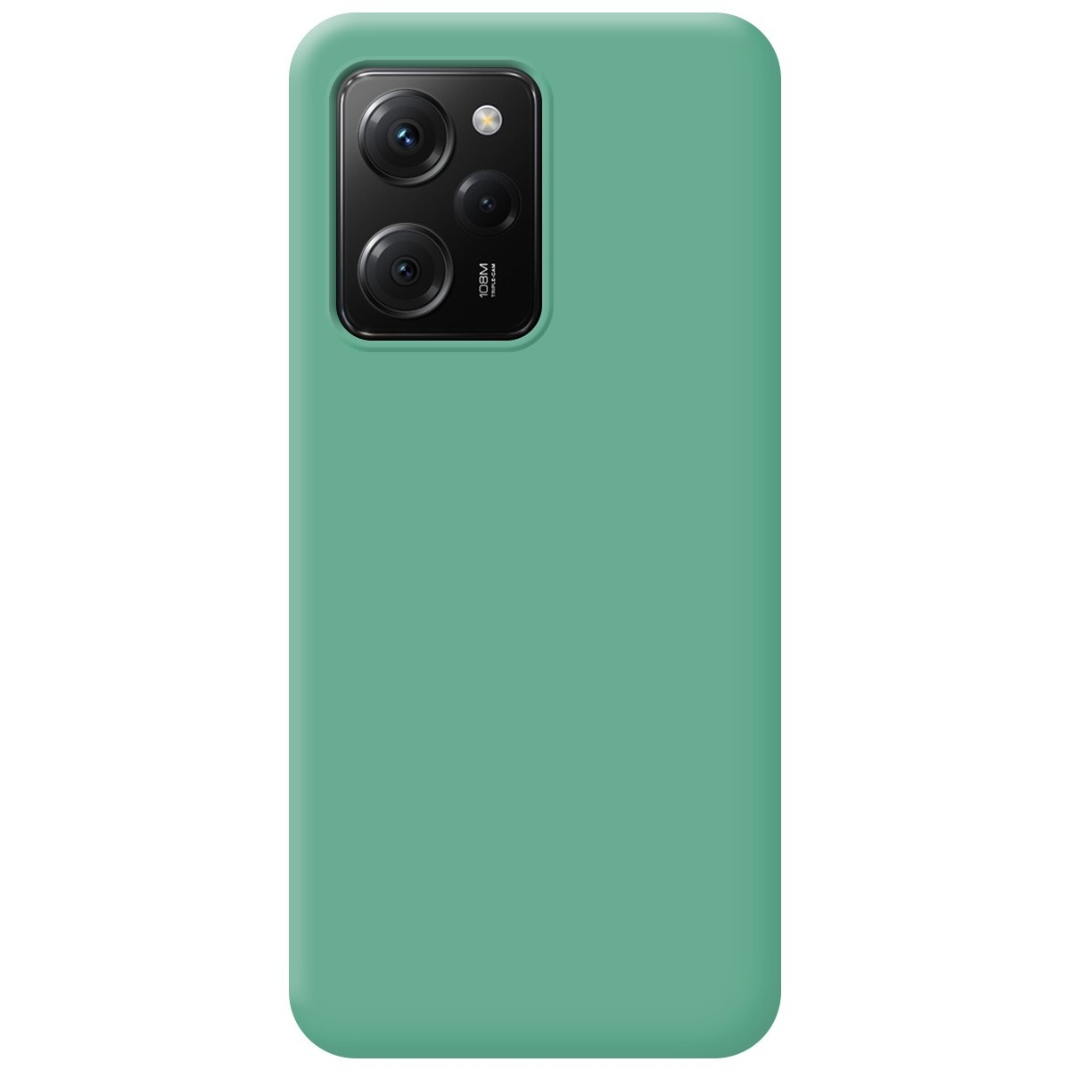 Telefono con custodia color verde acqua. Il telefono ha una fotocamera sul retro.