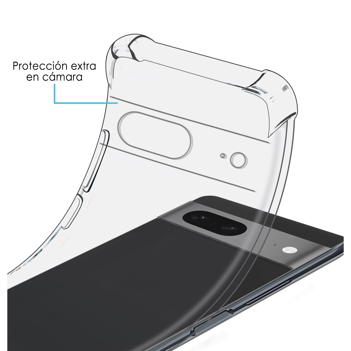 Un teléfono con una funda transparente, que muestra la protección de la cámara de la funda.